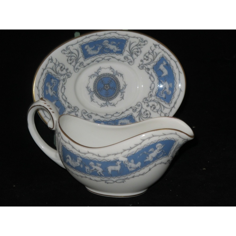 Coalport Revelry Blue Individual Gravy Boat w/ Plate Gold Trim Creamer Cherubs